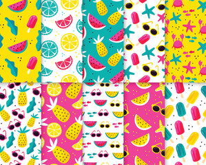 Seamless pattern set with fruits and blossom. Summer festive background collection for textile, fabric birthday wrapping paper.