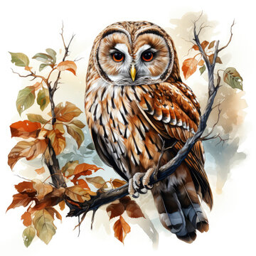 Watercolor Barred Owl Illustration, Generative Ai