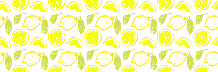 Lemon seamless pattern for Citrus fruit wallpaper on transparent background in hand drawn style. Yellow lemon illustrations for cosmetic label backdrop, organic jam badge, lemon juice packaging design