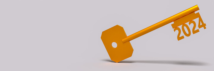 Golden key with 2024 number, symbolizing the new year. Concept of success, security, and new beginnings. Ideal for festive and business-related designs