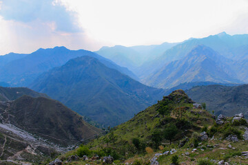 Spring mountain landscape of Sirmour, upland villages. Himachal Pradesh, India