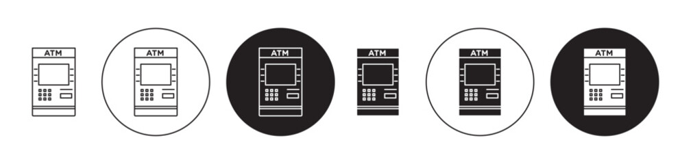 Atm machine vector icon set in black filled and outlined style. Bank atm icon for ui designs.