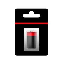 Alkaline Battery in Paper Blister and Battery Icon Set Closeup Isolated. AA Size. Design Template for Branding, Mockup.