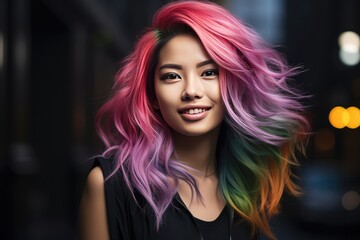 Portrait of Asian woman with colorful hair.