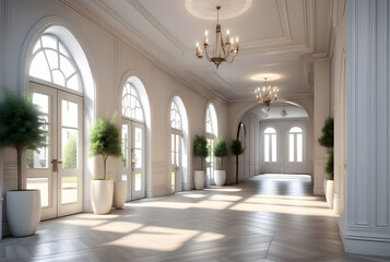 a large foyer with a mirror and a table