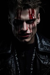 Handsome vampire man with pale skin and dripping blood down his forehead and face. Bloody lips. Evil mysterious fantasy looking expression. Black leather jacket. Young teen, man. Horror Halloween - obrazy, fototapety, plakaty