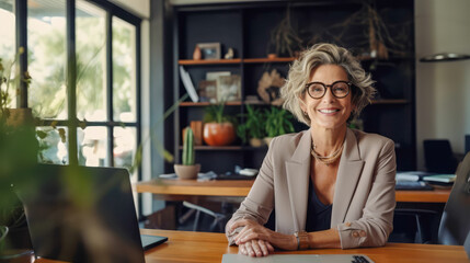 A business woman is smiling at her laptop in the office - obrazy, fototapety, plakaty