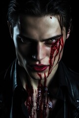evil young handsome pale skinned man. Dripping blood. Intense fantasy romance vampire concept. Red blood lips. Leather jacket. Black background. In the shadows. Killer, assassin, murderer, gore, gory  - obrazy, fototapety, plakaty