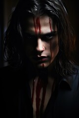 handsome young teen man with long black hair. Gothic style. Intense sinister gaze. Blood dripping down forehead and face. pale skin. Vampire Halloween concept. Blood dripping down chest. - obrazy, fototapety, plakaty