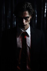 evil businessman wearing a black business suite and white button shirt covered in blood. bloody suite and tie. pale skin. evil expression gaze. dark background. vampire, Halloween concept. in the dark - obrazy, fototapety, plakaty