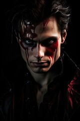 a handsome mysterious man in the shadows. black dark background. portrait close up. bloody face. dripping blood. evil man. black leather jacket. intense gaze. evil eyes. evil facial expression.  - obrazy, fototapety, plakaty