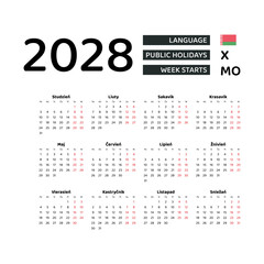 Calendar 2028 Belarusian language with Belarus public holidays. Week starts from Monday. Graphic design vector illustration.