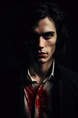 a evil mysterious young man. Evil businessman. Killer, assassin, murderer. blood drenched white shirt and business suite. black background. white pale skin. red lips. in the shadows. long black hair. - obrazy, fototapety, plakaty