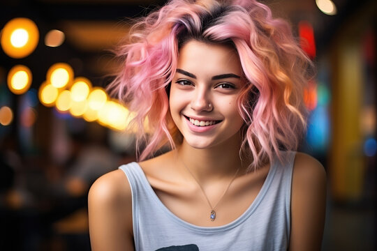 A hipster teenage girl with pink hair against a colorful street wall background.