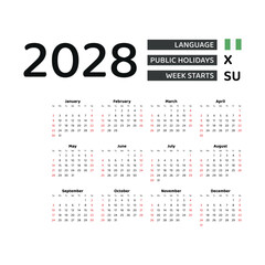 Calendar 2028 English language with Nigeria public holidays. Week starts from Sunday. Graphic design vector illustration.