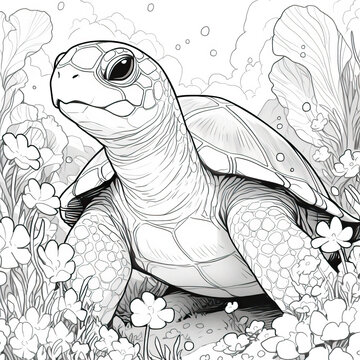 Black and white illustration for coloring animals, turtle.