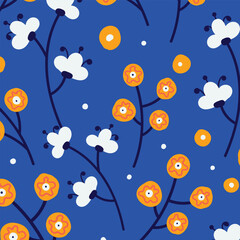 Set of simple floral seamless patterns. All over print. Botanical collage in modern flat liberty style, Floral Silhouettes. Meadow plants, leaves, leaf and small daisy flowers collection. 