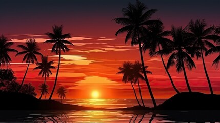 Beautiful sunset .Silhouetted of coconut tree