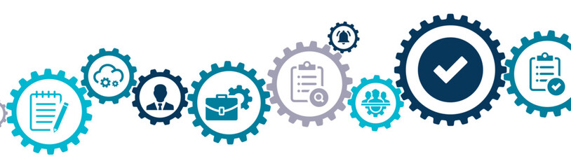 Business process management banner vector illustration with the icons of automation, person validating, document, workflow, digital transformation, BPM, RPA, increase efficiency, productivity at work