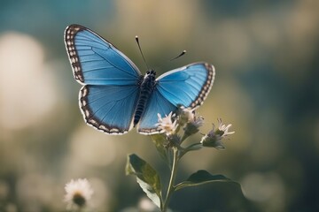 Beautiful blue butterfly in full body close-up portrait flying with grace