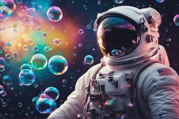 Beautiful painting of an astronaut in in a colorful bubbles galaxy on a different planet Pop art