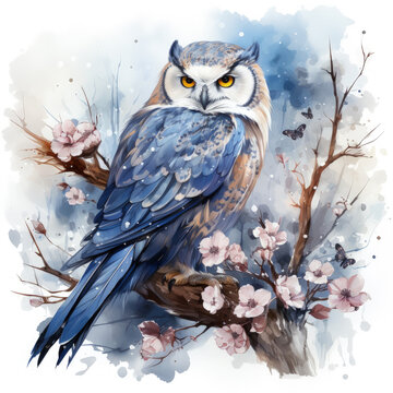 Watercolor Snowy Owl Illustration, Generative Ai