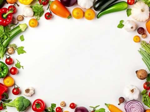 Vegetables and fruits forming a frame. Background for business and advertising.