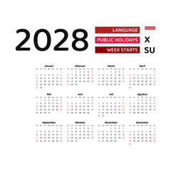 Calendar 2028 Indonesian language with Indonesia public holidays. Week starts from Sunday. Graphic design vector illustration.