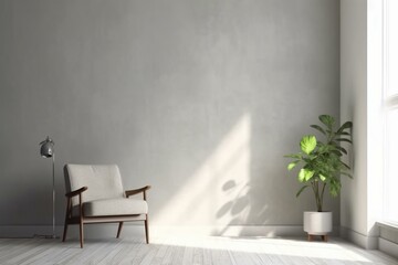 Minimalist interior with blank space. Gray wall illuminated by sunlight. Generative AI