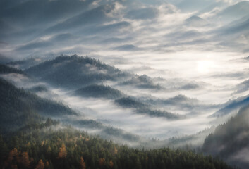 Naklejka premium Misty mountains with top of pine tree forest, beautiful morning forest landscape.