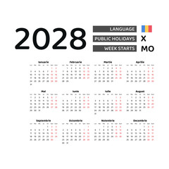 Calendar 2028 Romanian language with Romania public holidays. Week starts from Monday. Graphic design vector illustration.