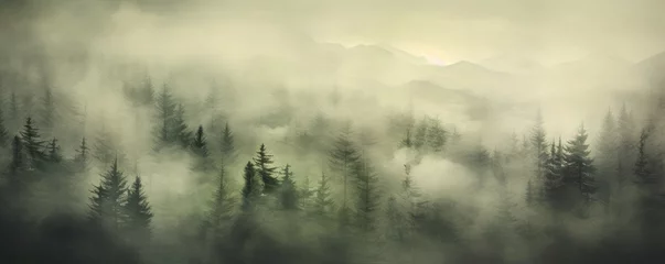 Gordijnen Panoramic view of misty foggy mountain landscape with fir forest, morning fog. Evanescent atmosphere in the woods wrapped in mist. Vintage retro hipster style © ratatosk