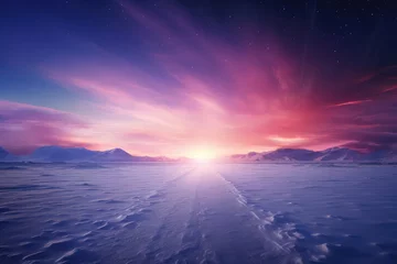 Papier Peint photo Paysage Winter panorama landscape. Field and mountains covered snow. Sunrise, winterly morning of a new day. Purple landscape with sunset. Happy New Year and Christmas concept