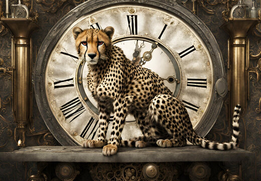 old clock on the wall of the house, Wallpaper Leopard with old clock on the wall 
