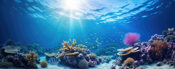 Naklejka premium World ocean wildlife landscape, sunlight through water surface with coral reef on the ocean floor, natural scene. Abstract underwater background