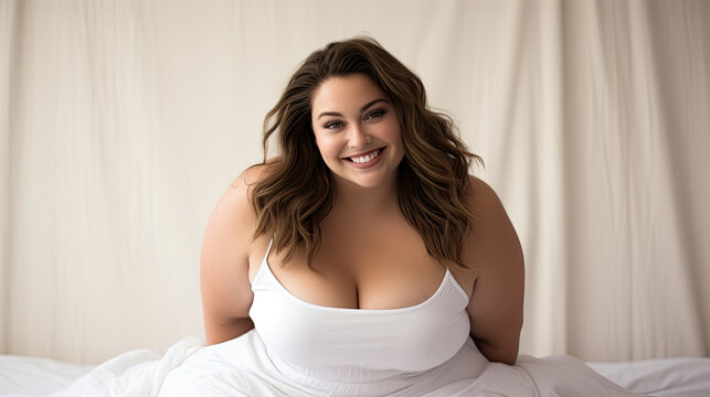 A plus-size model photographed in a wedding dress against a bright fabric background. She smiles joyfully at the camera