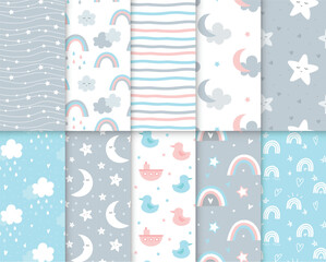 Cute card and seamless pattern for baby shower decor, nursery print, kids apparel, wrapping paper, fabric Baby pattern background. Baby background design.