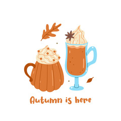 Postcard or poster with pumpkin drinks. Vector graphics.