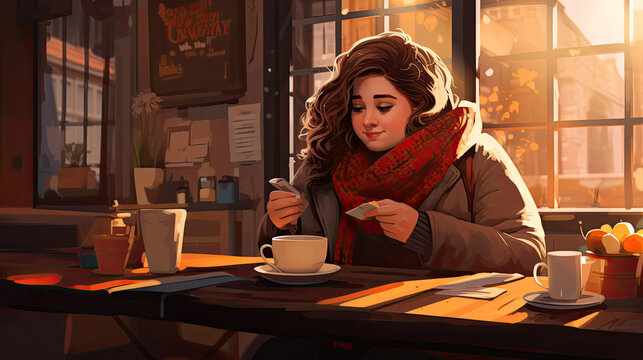 A plus-size model photographed in her favorite caf&eacute;, enjoying her coffee with a smile