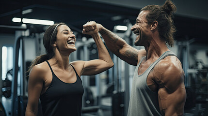 Naklejka premium The beautiful woman has achieved her fitness goals thanks to the personal trainer