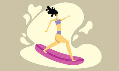 Female surfer flat vector illustration. A girl with long hair wearing swimsuit surfing at sea. 