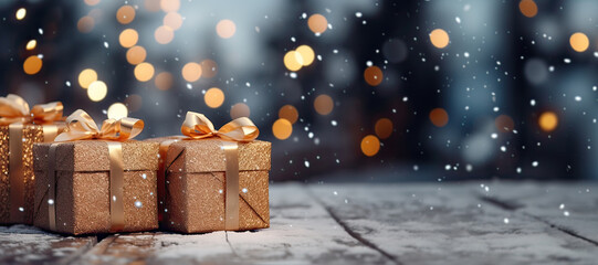 Banner of golden Christmas gifts on wooden floor, isolated on snowy and bokeh background....