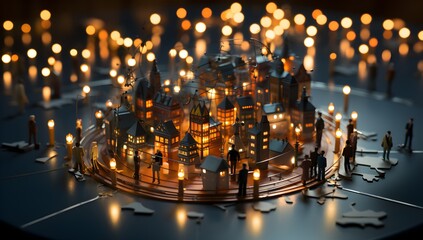 A miniature planet showcasing continents with tiny figures of people standing around it, symbolizing international business collaboration, the exchange of money, and the integration of technology.