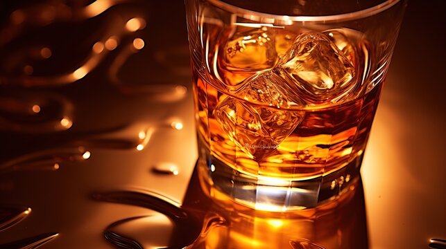 Glass of whiskey with ice cubes isolated on black background. AI generated image