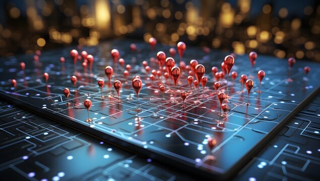 A smartphone displaying a detailed city map, marked with pins to indicate specific locations, symbolizing urban navigation and the integration of technology in everyday life.