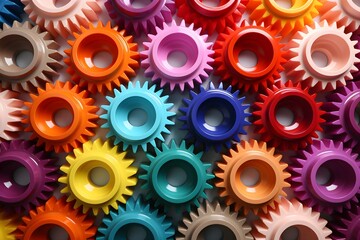 Vibrant plastic gears interlock, symbolizing the interconnectedness and mechanics of business operations and collaborations. - obrazy, fototapety, plakaty