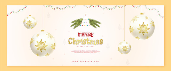 Fototapeta premium Merry Christmas and New Year wishing or greeting card banner or poster design on cream color Xmas background with snowflakes light, stars. Merry Christmas card. Vector Illustration