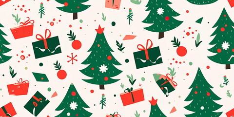 holiday-inspired design, featuring traditional elements such as Christmas trees, presents, and ornaments. Generative AI