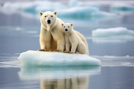 family polar bear mom and cub on ice, mother and child love