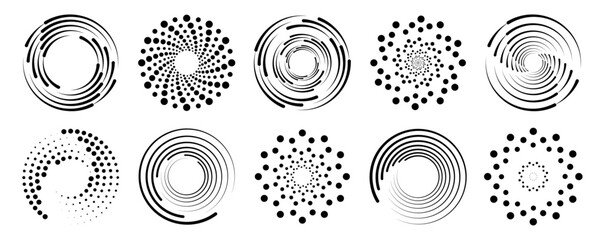 Halftone circular dotted frames set. Circle dots isolated on the white background. Logo design element for medical, treatment, cosmetic. Round border using halftone circle dots texture. Vector
